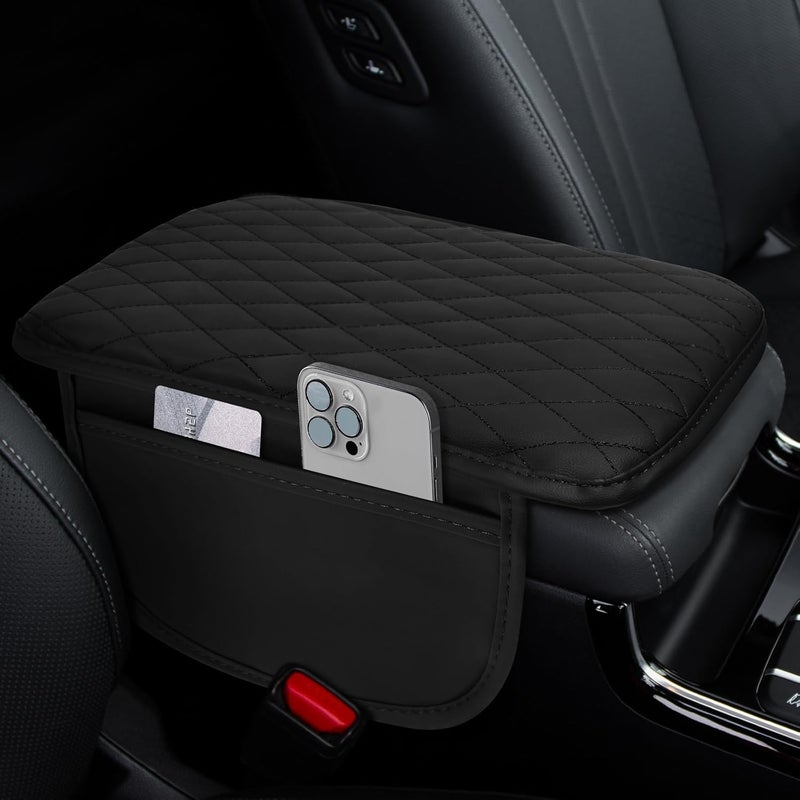 ongfuwu Car Center Console Cover, 12"×7.87" Waterproof Leather Auto Armrest Cover Protector with 2 Pocket, Comfortable Arm Rest Box Cushion Pad, Universal Interior Car Accessories (Black) - Image 1
